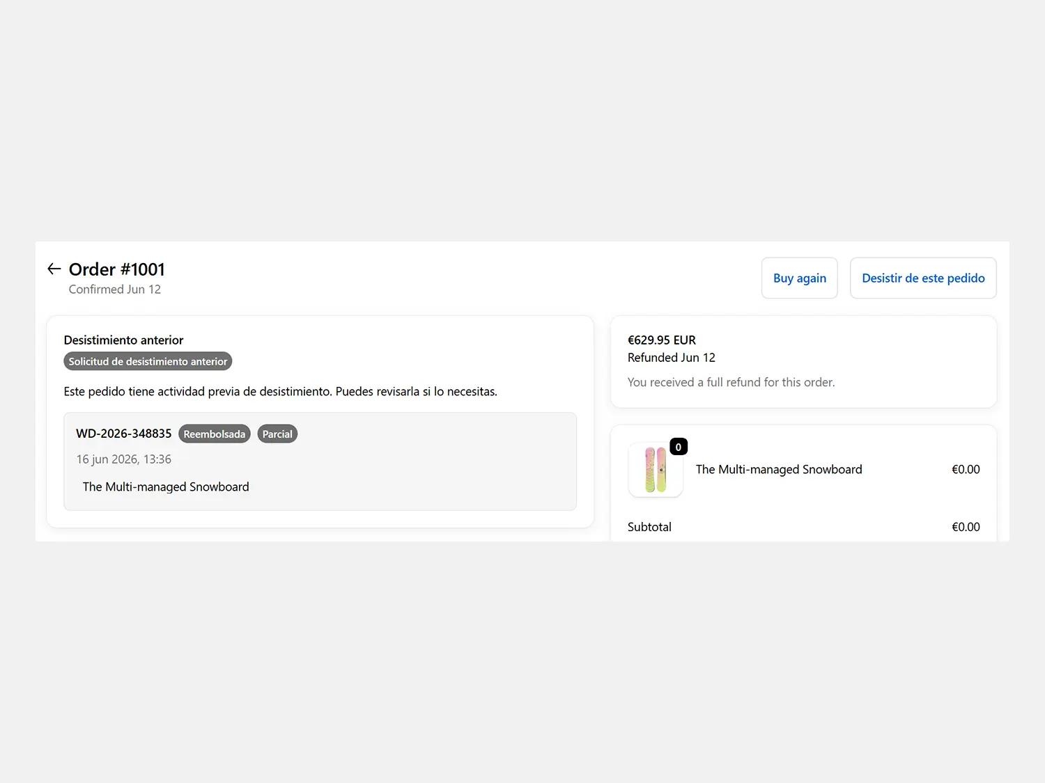 Screenshot of the customer account action and status