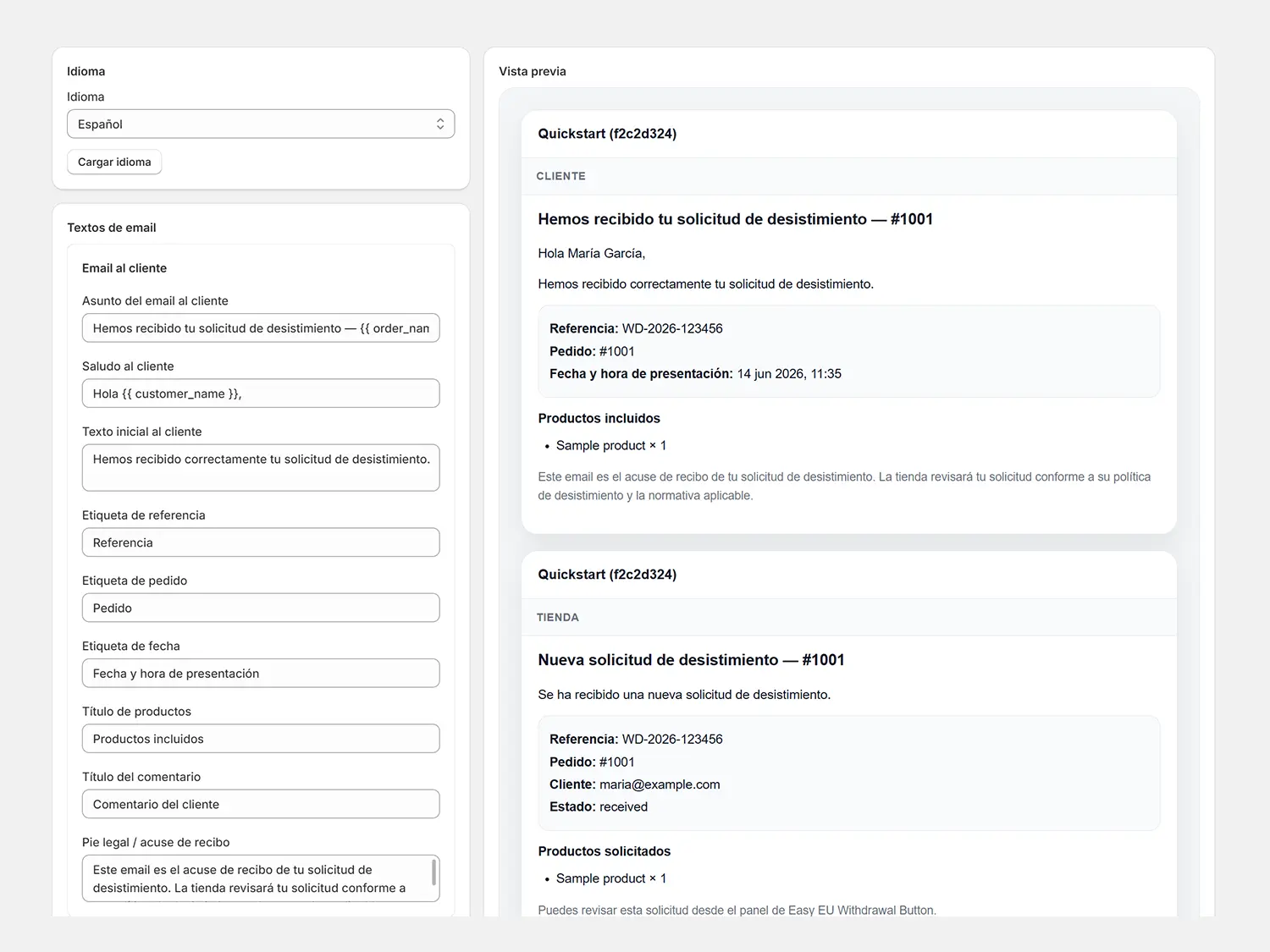Screenshot of the email customiser