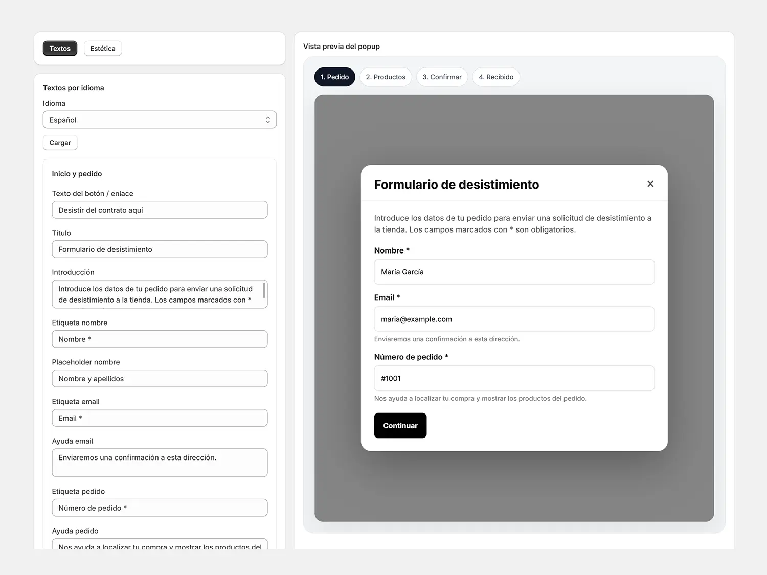 Screenshot of the popup customiser