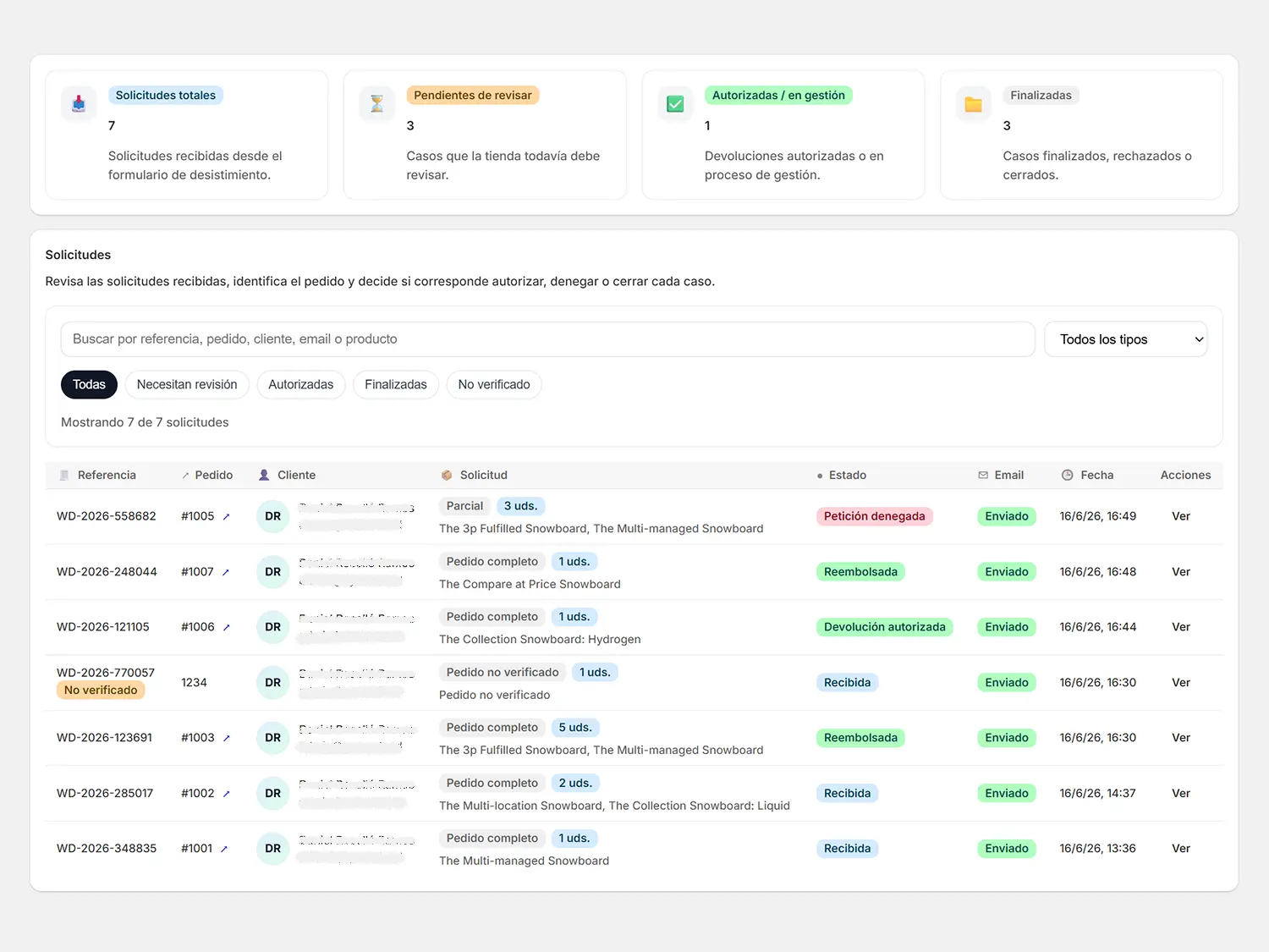 Screenshot of the Easy EU Withdrawal Button request dashboard